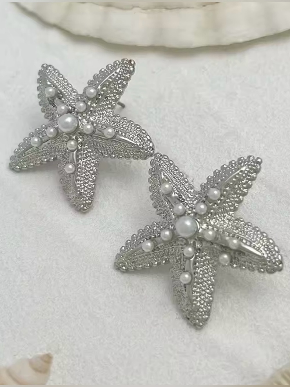Silver Starfish Pearl Accent Stud Earrings - Women Jewelry